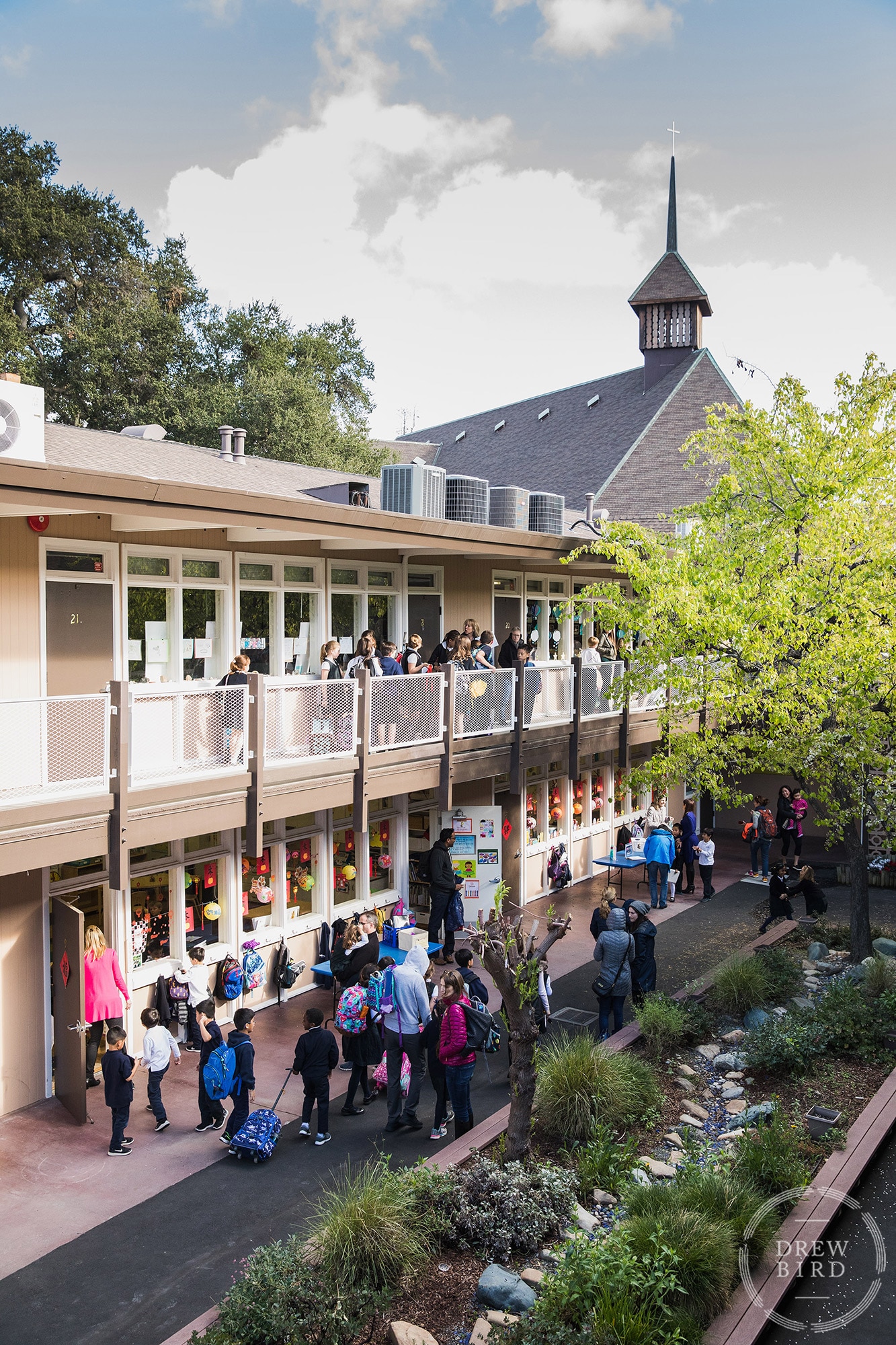 The inner courtyard in between classes with students walking to class at St. Andrew's Episcopal school in Saratoga, California. San Francisco education marketing photographer Drew Bird. San Jose school branding photographer.